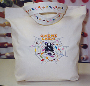 Completed Trick-or-Treat Bag embroidery featuring Spider & Candyweb design