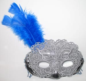 Completed Lace Halloween Masquerade Mask adorned with blue feathers