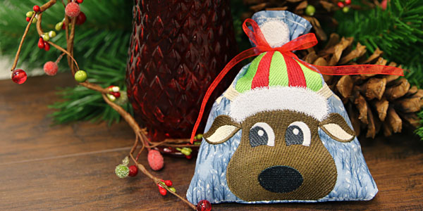 Completed Reindeer in Stocking Cap drawstring bag