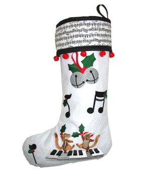 Completed Embroidered Christmas Stocking project, featuring Jingle Bell Band designs