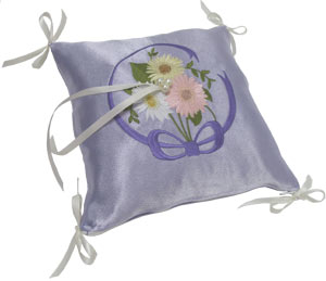 Finished embroidered ring bearer pillow, featuring  Gerbera Daisy Circle design