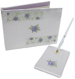 Completed Embroidered Satin Guest Book project, featuring Roses and Vines Bridal design