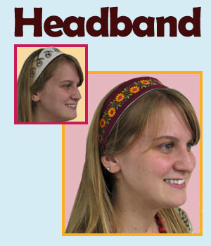 Woman wearing finished reversible embroidered headband