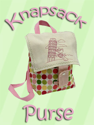 Completed Knapsack Purse project, featuring  'Kitty in Pisa' design