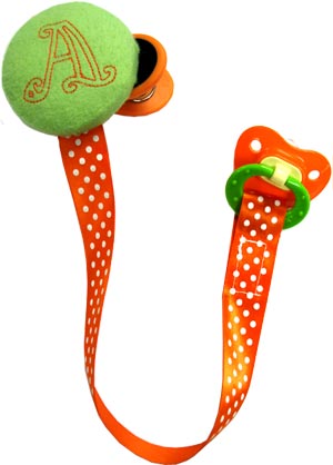 Completed Embroidered Pacifier Clip project, featuring Majestic Redwork Alphabet design