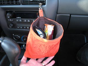 Completed Clip-and-Go Car Organizer featuring  Red Oak Leaves (Redwork) design