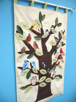 Completed embroidered wall hanging  featuring A Feathered Family design