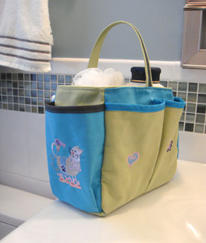 Completed Embroidered Bath Caddy project, featuring 'Clean Kitties' design