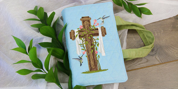 Completed embroidered Cross and Hummingbirds design