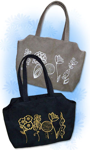 Completed Faux Suede Tote Bags project, featuring Spring Hummingbird Oval and Simply Hummingbirds Accents designs