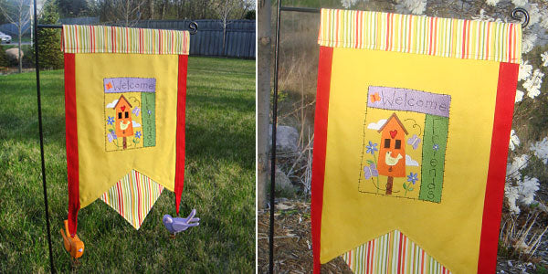 Garden Flag shown hanging outdoors, featuring 'Welcome Friends' design