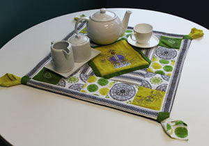 Tea service featuring completed Tea Towel Table Topper with Royal Medleys designs