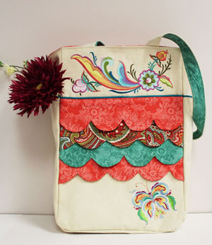 Completed Embroidered Scalloped Tote project, featuring Rosemaling Flourish and Rosemaling Butterfly designs