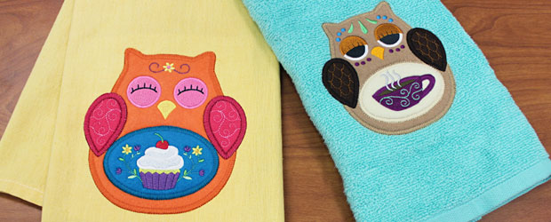 multi-piece heirloom applique machine embroidery designs of owls on towels