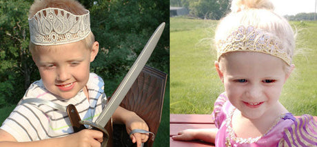 Children playacting while wearing finished Battenburg Lace Crowns