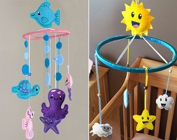 Completed Sweet Dreams mobiles hanging over a crib