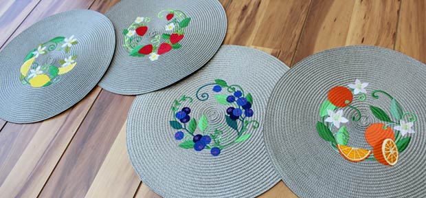 Embroidering on Straw Placemats