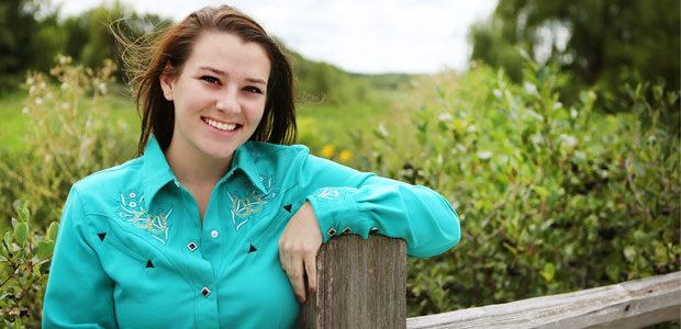 Woman wearing finished Wranglin' Western Shirt in turquoise color