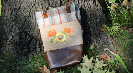 Completed Fall Into Fashion Tote project, featuring Chrysanthemums and Sunflower in Watercolor and Autumn Leaves in Watercolor designs