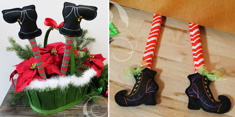 Completed embroidered Festive Boots project, shown sticking up from a holiday gift basket