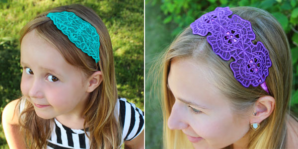 Two girls wearing lace embroidered headbands