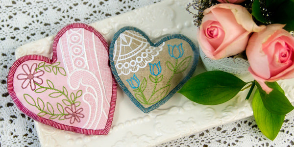 Completed Rustic Sachets project with roses in the background