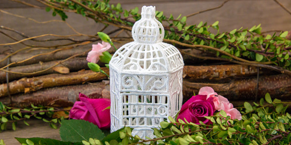 Completed Birdcage in 3D (Lace) project, branches in background
