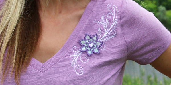 Woman wearing tee shirt embroidered with Perfect Petal Fashion Spray (3D Applique) design
