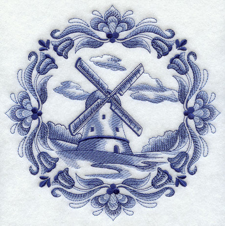Delft blue machine embroidery design featuring a windmill