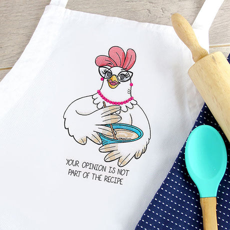 machine embroidery design of a chicken on a kitchen apron