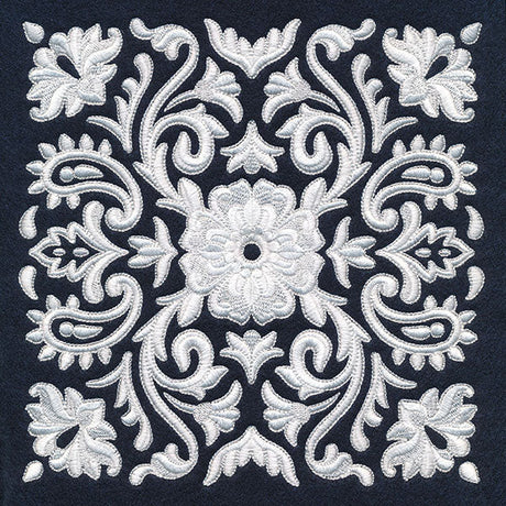 Machine embroidery designs of a whitework square with flourishes