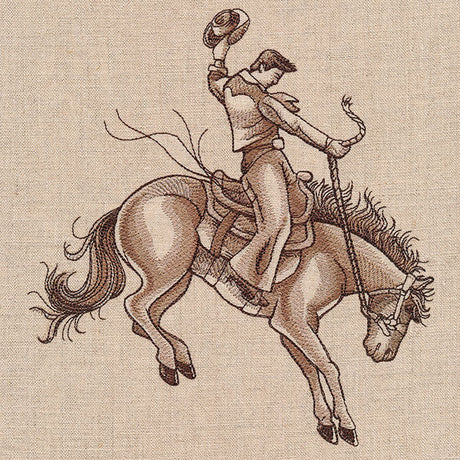 Cowboy in hat rides bucking horse with rope, stitched on beige fabric; digital machine embroidery design.