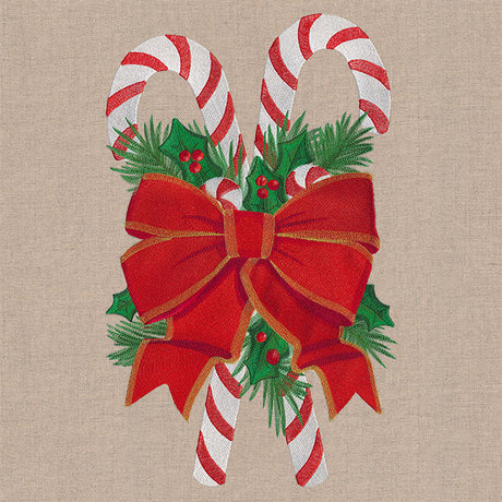 an embroidery design of two Christmas candy canes wrapped in a bow