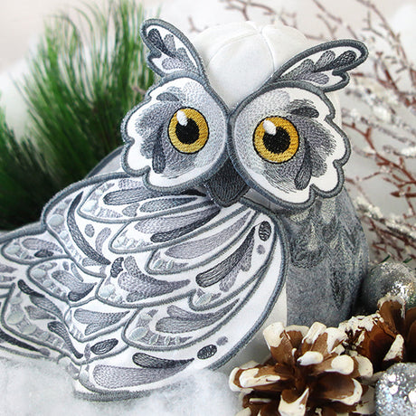 stuffed owl machine embroidery design project shown in an alternate coloway