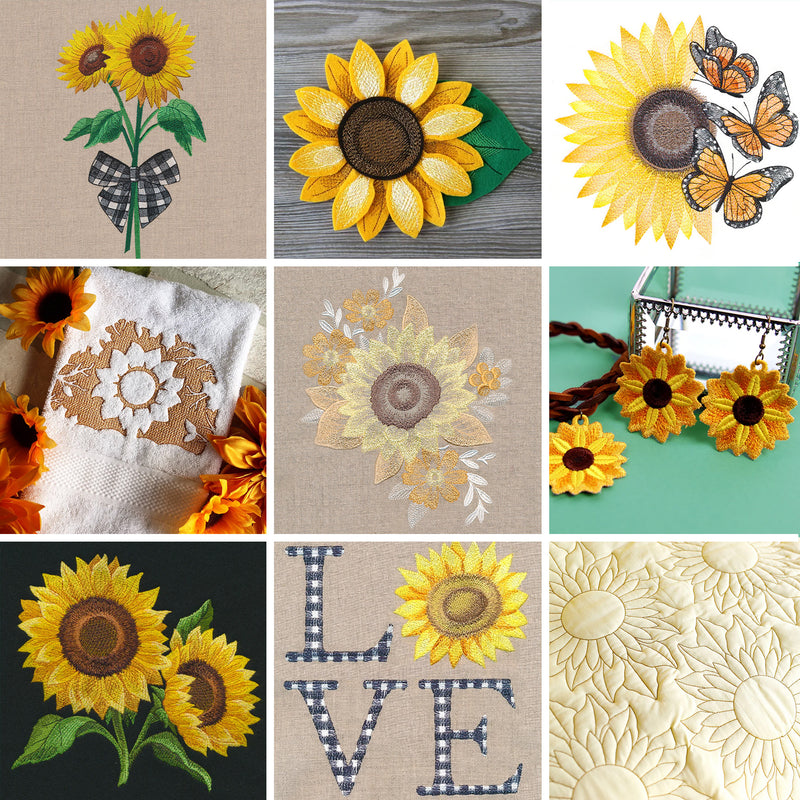square collage of various sunflower themed machine embroidery designs.