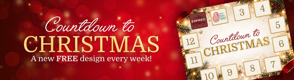 Countdown to Christmas promotional banner featuring a red and gold holiday background and festive countdown calendar, announcing a new FREE machine embroidery design every week.
