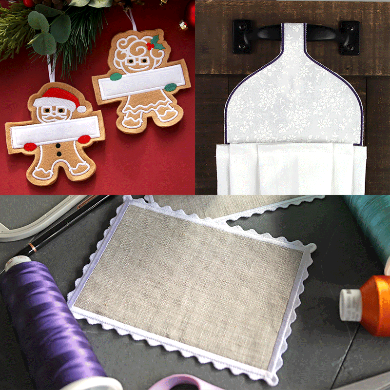 Gif of machine embroidered ornaments, towel topper and mug rug with personalization. 