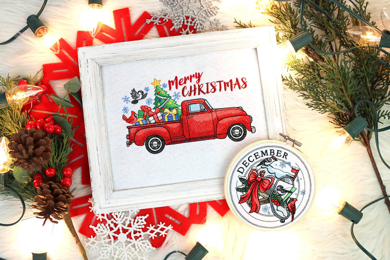 Decorative Christmas machine embroidered retro truck and mailbox designs, surrounded by festive elements.