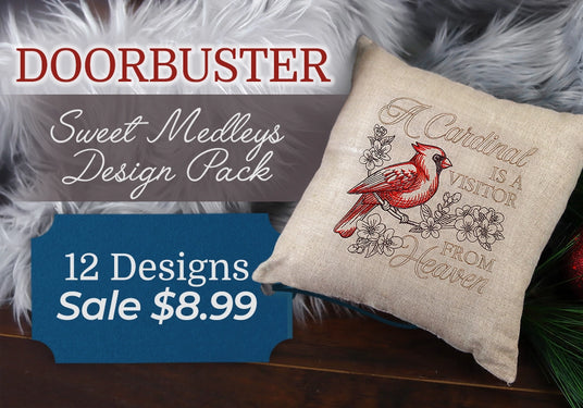 Decorative pillow with a machine embroidery cardinal design on a fur background, featuring text 'Doorbuster sweet Medleys Design Pack 12 designs sale $8.99'