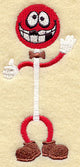 Embroidered lollipop cartoon with a big smile, bow tie, and brown shoes on a beige background; digital embroidery design.