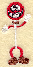 Digitally downloadable machine embroidery design of a red lollipop with a smile, bowtie, brown shoes, and raised hand.