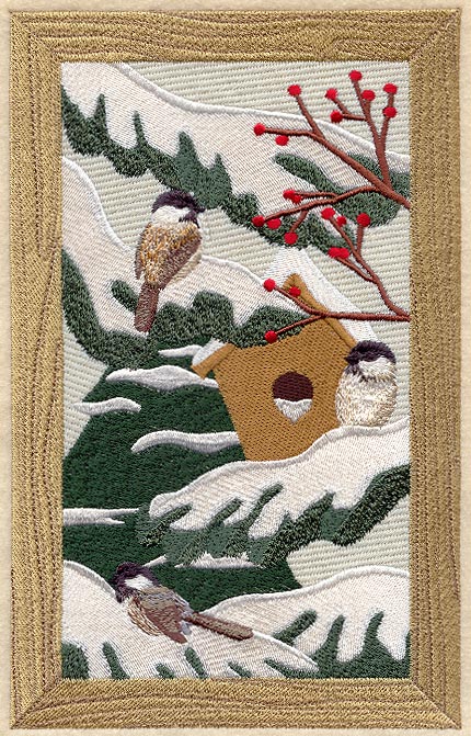 Winter Chickadees and Birdhouse