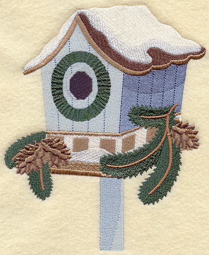 Snowy Birdhouse and Pine Boughs