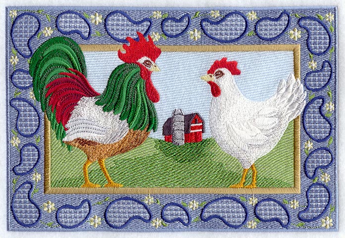 Gingham Paisley Rooster and Hen Rectangle