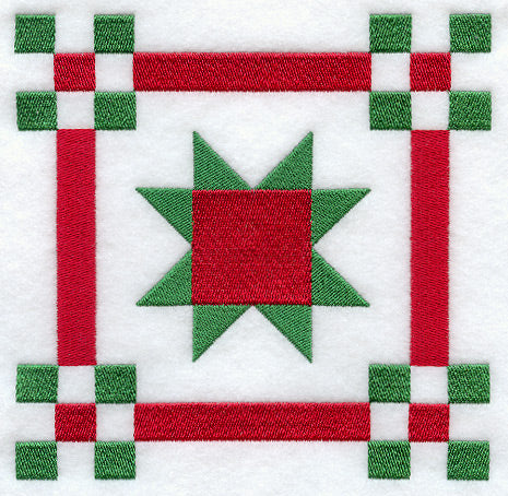 Digitally downloadable machine embroidery design featuring a green and red star with patterned borders on a white background.