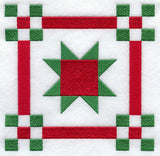 Digitally downloadable machine embroidery design featuring a green and red star with patterned borders on a white background.