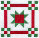 Digitally downloadable machine embroidery design of a green star with a red square center and colorful checked corners.
