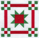 Red and green embroidered star quilt block with a square border on white; digitally downloadable machine embroidery design.
