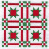 Digitally downloadable machine embroidery design featuring red and green star patterns with checkerboard corners.