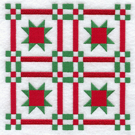 Digitally downloadable machine embroidery design featuring red and green star patterns with checkerboard corners.
